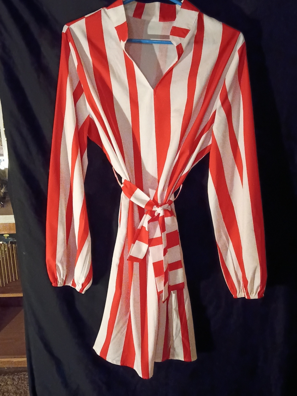 Women's Red and White Striped Long Sleeve Tie-Waist Dress